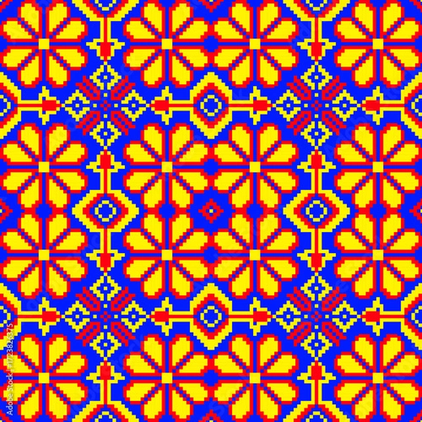 Obraz seamless geometric pattern
seamless geometric pattern with a bright color palette. The design features a bold combination of diamonds, sunbursts, and abstract floral motifs in blue, yellow, red, 