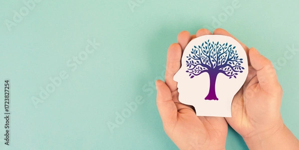Fototapeta Mind, colorful tree growing, mental health, positive attitude and inspiration, creative thinking brain, personal development, self esteem and healing