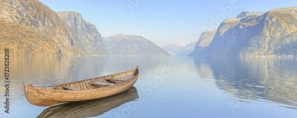 Fototapeta Serene landscape with a wooden canoe on calm waters, surrounded by towering mountains and reflecting the tranquil atmosphere.