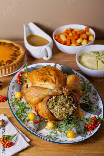 Obraz Celebration of Thanksgiving Day. Roasted chicken or turkey, mashed potatoes, vegetables and pumpkin pie