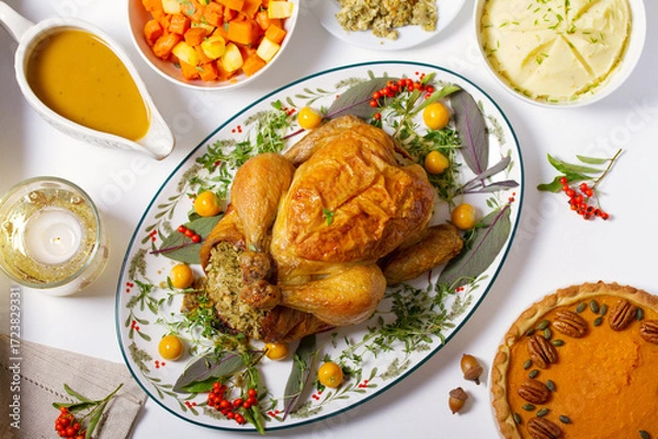 Fototapeta Celebration of Thanksgiving Day. Roasted chicken or turkey, mashed potatoes, vegetables and pumpkin pie. View from above, top studio shot