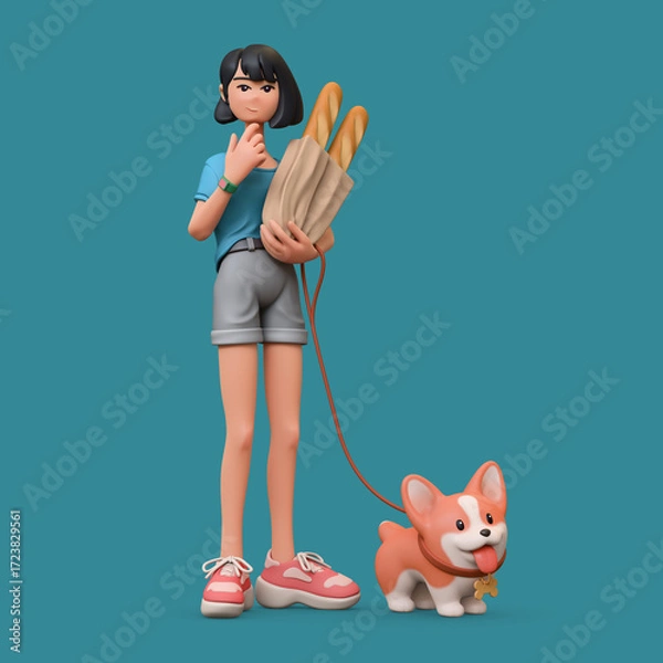 Fototapeta 3d rendering of stylized thoughtful asian brunette teen girl in t-shirt, shorts holding paper bag with baguettes, standing touches chin with hand thinking, holds corgi dog on leash on blue background.