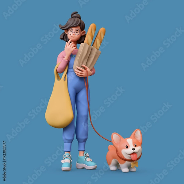 Fototapeta 3d rendering of stylized thoughtful asian brunette girl holding shopping bag, paper bag with baguettes, standing touches chin with hand thinking and holds a corgi dog on a leash on blue background.