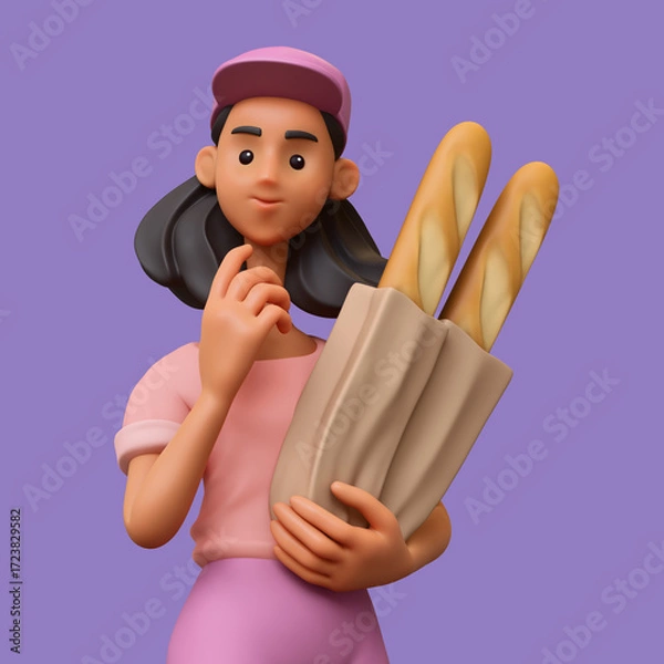 Fototapeta 3d rendering portrait of stylized thoughtful brazilian brunette girl in casual fashion clothes baseball cap holding paper bag with baguettes, shopping touches chin with hand thinking violet background