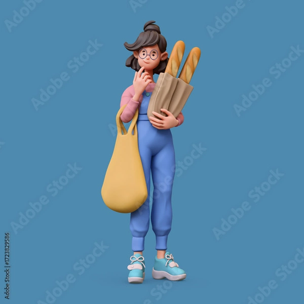 Fototapeta 3d rendering of stylized thoughtful asian brunette girl in glasses, casual fashion clothes holding shopping bag, paper bag with baguettes, standing touches chin with hand thinking on blue background.