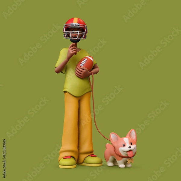 Fototapeta 3d rendering of stylized thoughtful bearded african guy in red sports helmet, holding american football ball, standing touching chin with hand, thinking, holding corgi dog on leash on green background