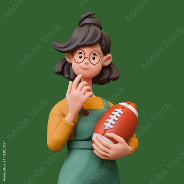 Fototapeta 3d rendering portrait of cute stylized thoughtful asian brunette girl in red glasses, casual clothes, overalls, holding american football ball, touching chin with hand, thinking on green background.