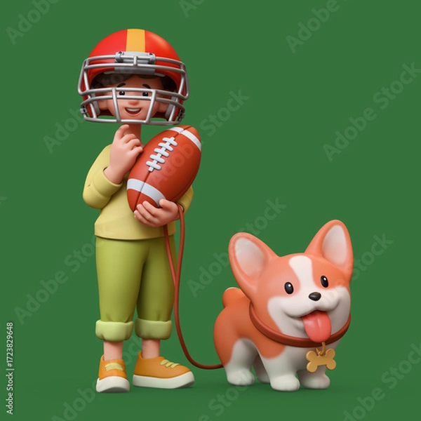 Fototapeta 3d rendering of stylized thoughtful asian child girl in red sports helmet, holding american football ball, standing touching chin with hand, thinking, holding corgi dog on leash on green background.
