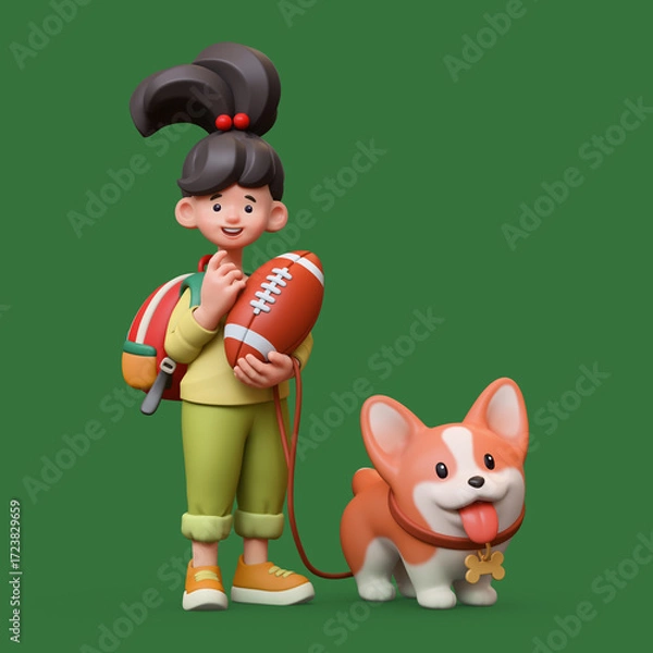 Fototapeta 3d rendering of stylized thoughtful asian child girl with school backpack, holding american football ball, standing touching chin with hand, thinking, holding corgi dog on leash on green background.