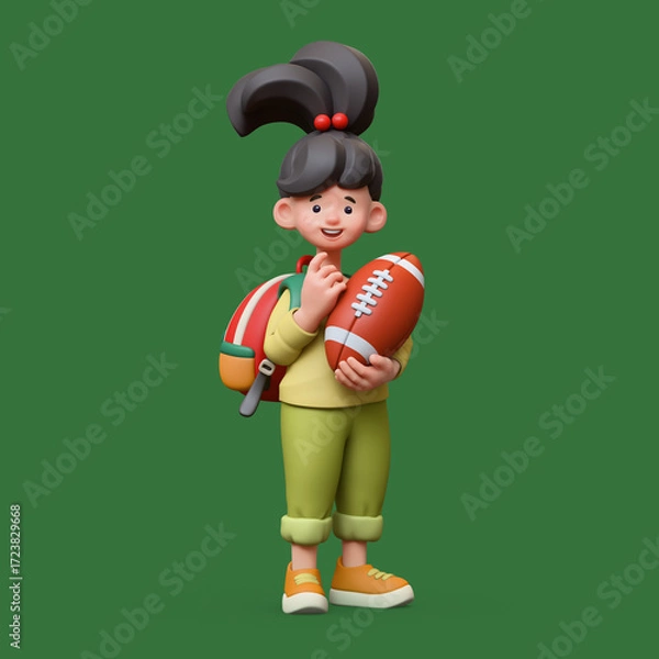 Fototapeta 3d rendering of stylized thoughtful asian child girl in casual clothes pullover with red school backpack, holding american football ball, standing touching chin with hand, thinking on green background