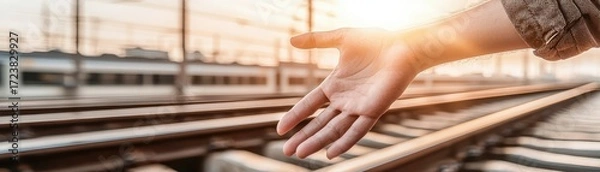 Fototapeta A hand reaches out towards railway tracks, symbolizing connection and the journey of life during a sunset.