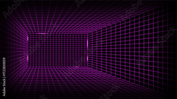 Fototapeta Cyberpunk Grid Room Glowing Line Background. 3D Game Neon Wireframe Space Digital Vector Texture Perspective Tunnel. Retro Futuristic Virtual Techno Landscape. Cyberspace Abstract Matrix VR Wallpaper