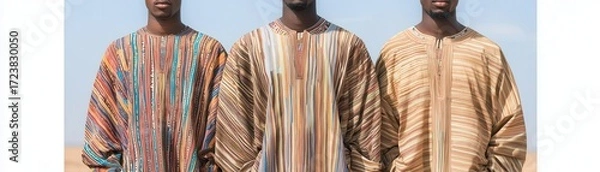 Fototapeta Three men showcase traditional colorful garments against a clear sky, highlighting cultural attire and intricate patterns.