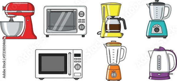 Obraz A set of kitchen appliance illustrations including a stand mixer, toaster oven, coffee maker, blender, microwave, and electric kettle, depicted with vibrant colors
