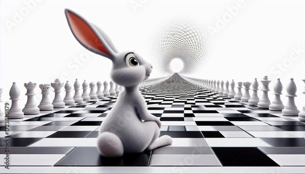 Fototapeta A rabbit sitting on a chessboard stretching into infinity.