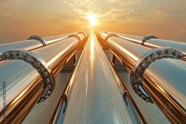 Fototapeta A dynamic perspective of shiny metallic pipes extending towards a radiant sunset, symbolizing industry and energy.