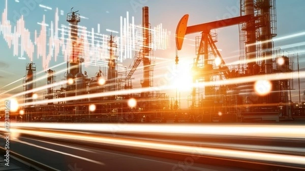 Fototapeta A dynamic industrial scene depicting oil refinery structures against a vibrant sunset, enhanced by visual data elements representing energy and technology.