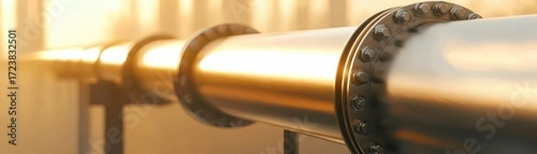 Fototapeta A close-up of a shiny metal pipeline illuminated by warm sunlight, showcasing industrial design and engineering.