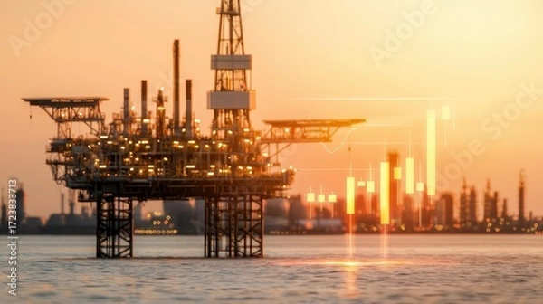Fototapeta A drilling platform stands in the water at sunset, with a backdrop of city lights, symbolizing the oil industry and energy production.