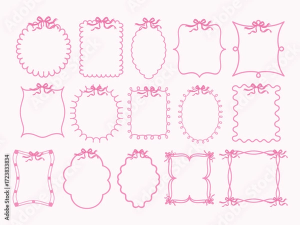 Fototapeta Pink coquette frame with wavy line, bow and ribbon. Cute hand drawn girly coquette for decoration, greeting, wedding and prints	