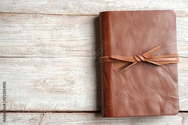 Fototapeta A leather-bound journal rests on a rustic wooden surface, showcasing its textured cover and tied closure.