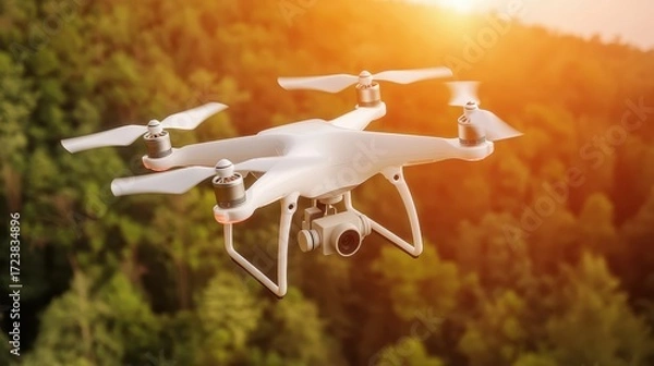 Fototapeta A white drone hovers above a lush green forest during sunset, capturing aerial views in a serene outdoor setting.