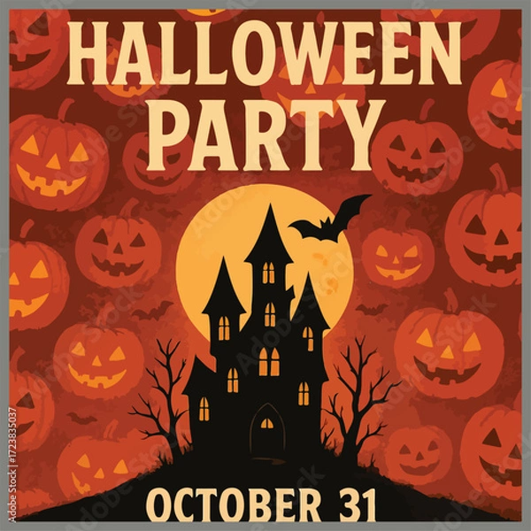 Fototapeta Animated Halloween flyer with glowing pumpkins, bats, haunted house, eerie fog, and text placeholder. Perfect for party promotion.