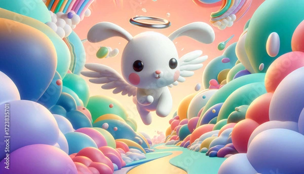 Fototapeta A rabbit with angel wings flying through a surreal pastel dream.
