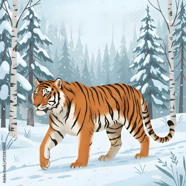 Fototapeta Tiger walking through snowy forest with evergreen trees  