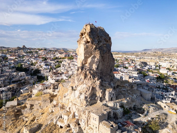 Fototapeta Ortahisar, Turkiye: Close up aerial view of the famous Ortahisar castle that overlooks the old town in the Cappadocia region of Anatolia in Turkey