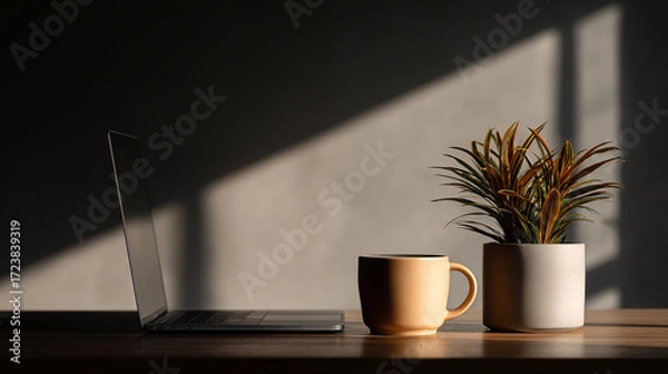 Fototapeta Laptop computer with coffee mug and plant on wooden desk in natural sunlight, perfect for remote work concepts