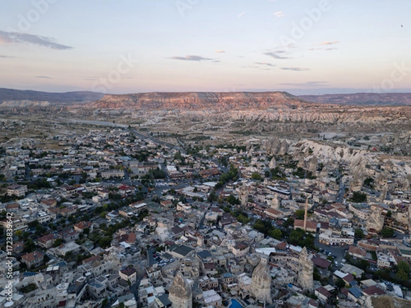 Fototapeta Cappadocia, Turkey: Aerial view of the sunset over Goreme town in Cappadocia in Anatolia in Turkey