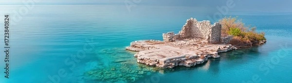 Fototapeta A serene, turquoise water landscape featuring a small rocky island with ancient ruins and minimal vegetation.