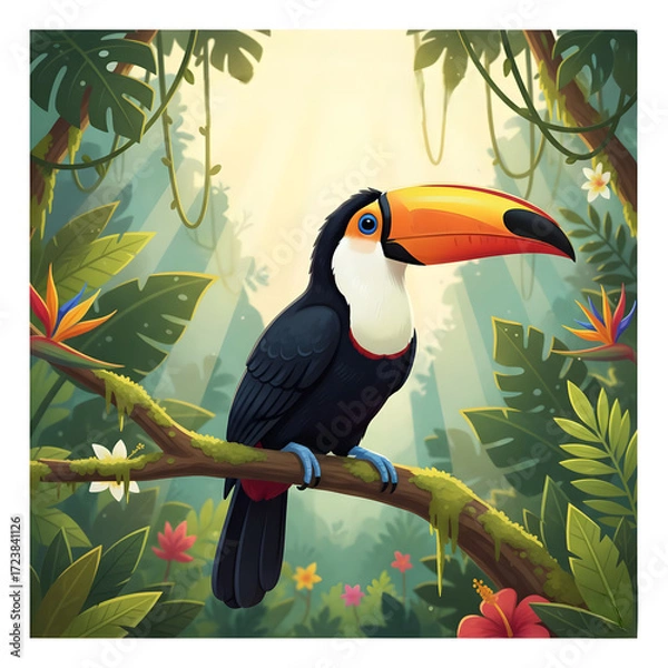 Fototapeta Colorful toucan perched on branch in vibrant tropical rainforest  