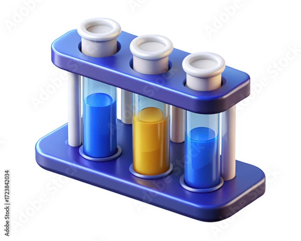 Fototapeta Three test tubes with liquids in a blue rack for science education and experimentation 3d illustration isolated on transparent background