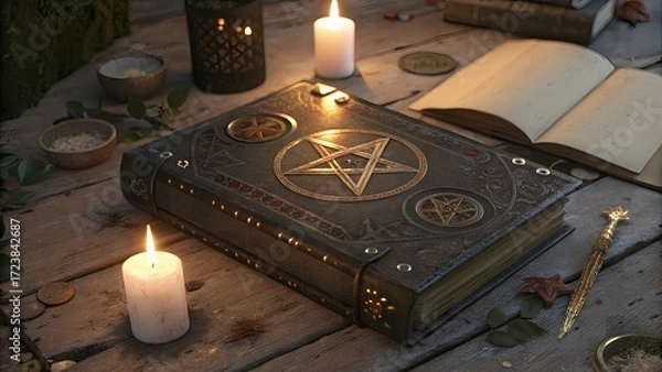 Fototapeta Ancient spellbook with pentagram symbol illuminated by candlelight on wood