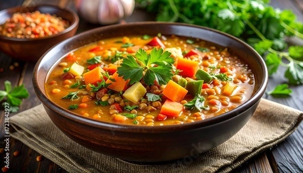Fototapeta Hearty Lentil Soup with Vegetables in Rustic Bowl.