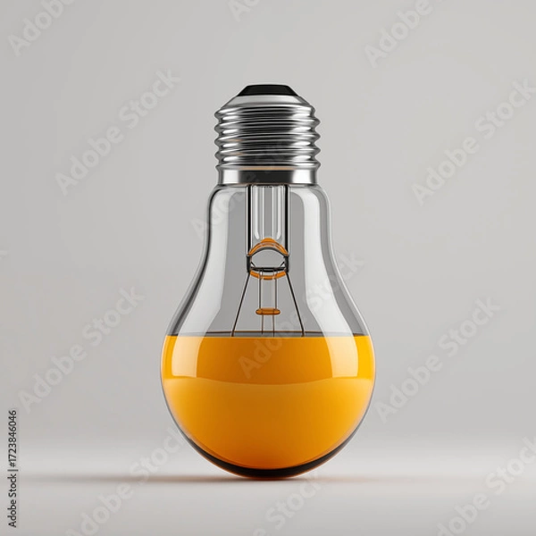 Fototapeta Light bulb with orange liquid inside on gray background, creative innovation and bright ideas concept for business solutions