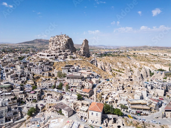 Fototapeta Cappadocia, Turkey: Aerial view of the famous Uchisar town and castle in the Cappadocia region in Anatolia in Turkey
