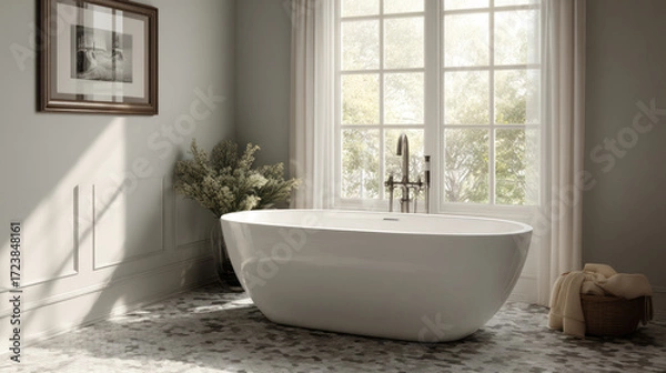 Fototapeta Freestanding bathtub in a sunlit modern bathroom with large window, neutral decor, and mosaic tile floor. AI generative
