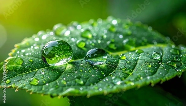 Obraz Dew drops on a vibrant green leaf