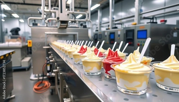 Fototapeta Automated yogurt production line in modern facility,  food,  processing