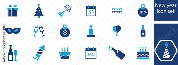 Fototapeta New year icon set. fireworks, celebration, party, dance, resolutions, countdown, January 1st, wishes and more. Vector