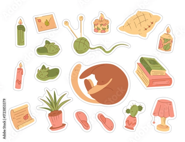 Obraz A set of stickers with a cute cat and cozy home things. Color flat illustration.