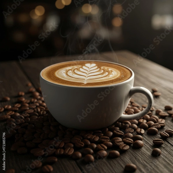 Obraz a table with a coffee cup surrounded by coffee beans, the coffee cup has a design made by milk. 