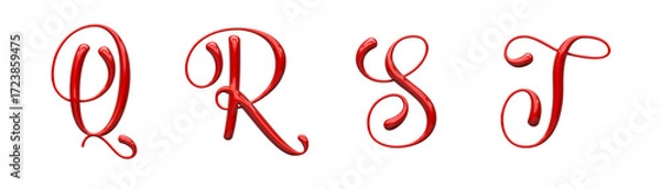 Fototapeta set of letters made of red glossy plastic, calligraphic style, typographic design, uppercase letter Q, R, S, T, 3d rendering