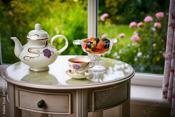 Fototapeta Tea time with dried fruits by the window.