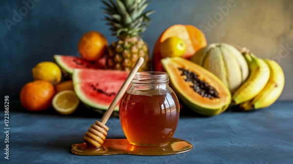 Fototapeta A vibrant still life photograph of fresh fruits and honey arranged on a dark blue textured surface