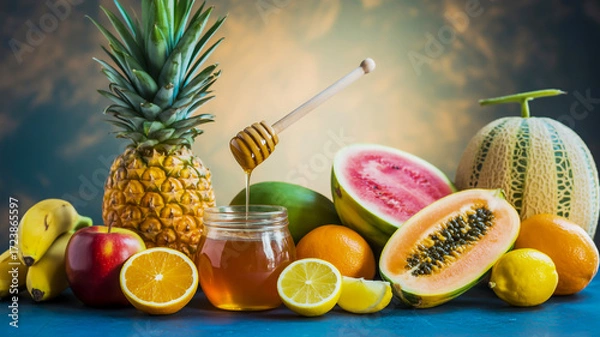 Fototapeta A vibrant still life photograph of fresh fruits and honey arranged on a dark blue textured surface