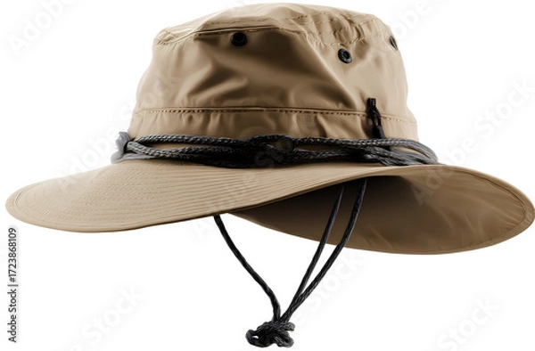 Obraz water object, bucket hat, tan in color with a black chin strap cord and eye. transparent background png file of the boonie cap.